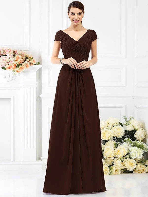 V-Neck Elegant Pleats Short Sleeves Long Chiffon Bridesmaid Dresses - Image 7