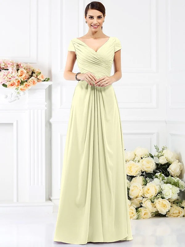 V-Neck Elegant Pleats Short Sleeves Long Chiffon Bridesmaid Dresses - Image 8