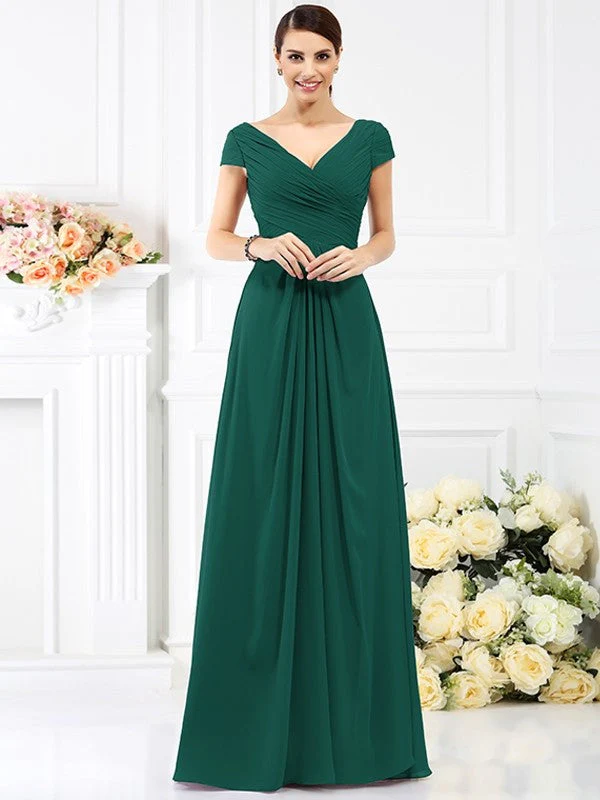 V-Neck Elegant Pleats Short Sleeves Long Chiffon Bridesmaid Dresses - Image 9