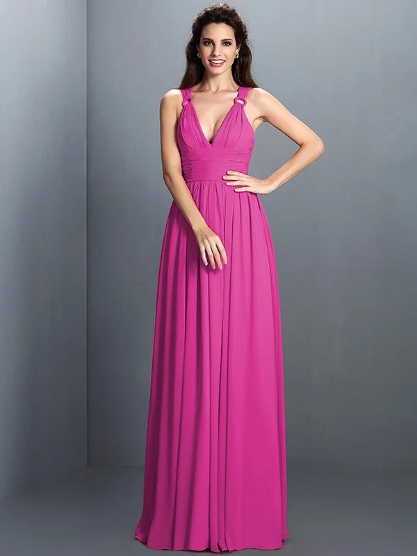 V-Neck Elegant Pleats Sleeveless Long Chiffon Bridesmaid Dresses - Image 10
