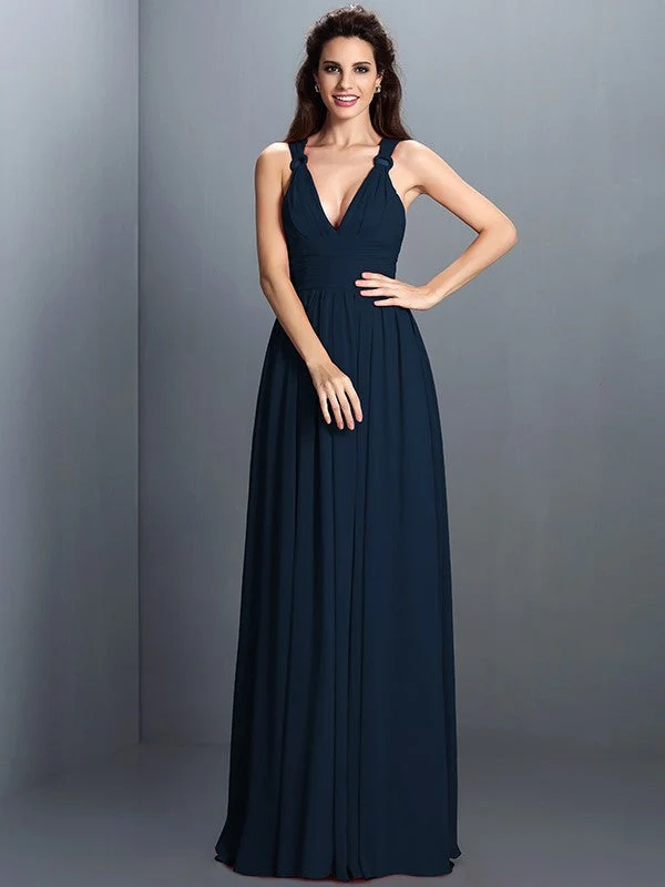 V-Neck Elegant Pleats Sleeveless Long Chiffon Bridesmaid Dresses - Image 11