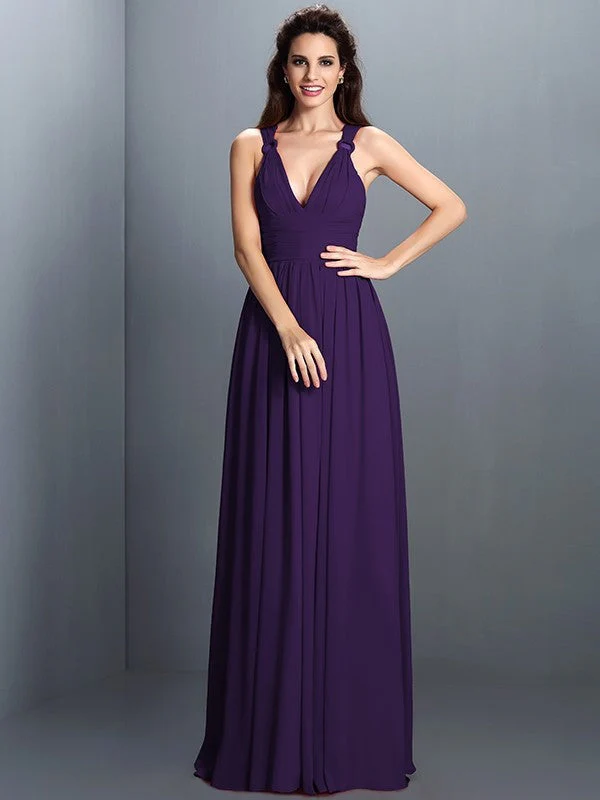 V-Neck Elegant Pleats Sleeveless Long Chiffon Bridesmaid Dresses - Image 12