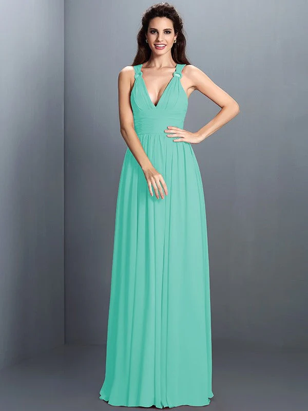 V-Neck Elegant Pleats Sleeveless Long Chiffon Bridesmaid Dresses - Image 13