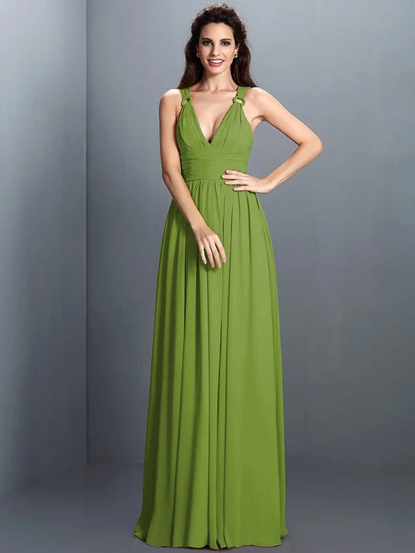 V-Neck Elegant Pleats Sleeveless Long Chiffon Bridesmaid Dresses - Image 14