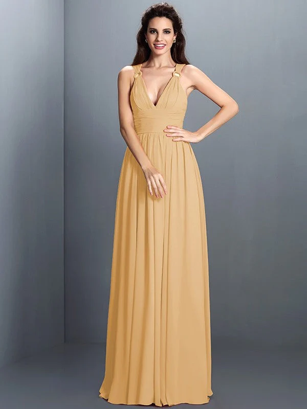 V-Neck Elegant Pleats Sleeveless Long Chiffon Bridesmaid Dresses - Image 15