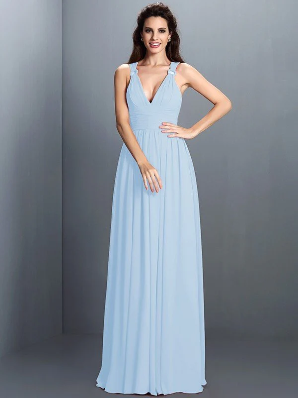 V-Neck Elegant Pleats Sleeveless Long Chiffon Bridesmaid Dresses - Image 16