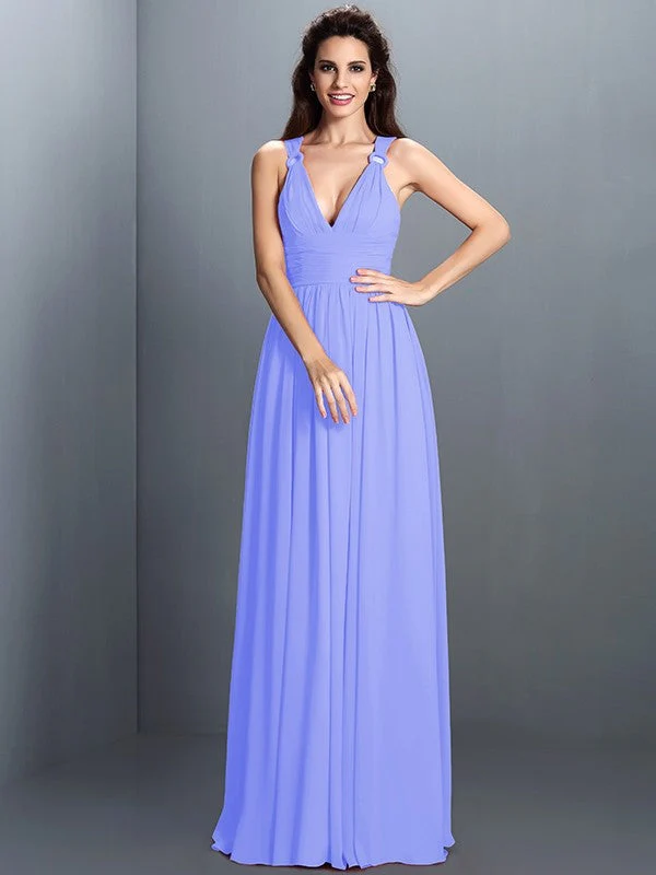 V-Neck Elegant Pleats Sleeveless Long Chiffon Bridesmaid Dresses - Image 17