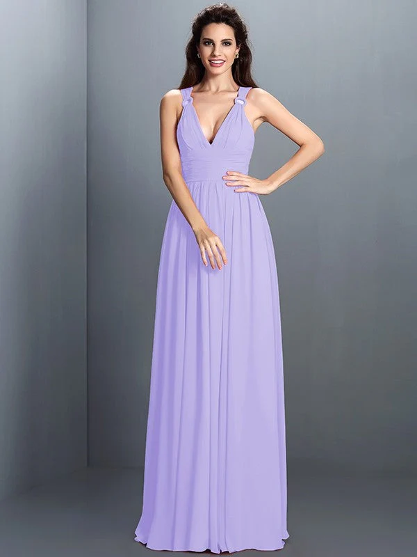 V-Neck Elegant Pleats Sleeveless Long Chiffon Bridesmaid Dresses - Image 18