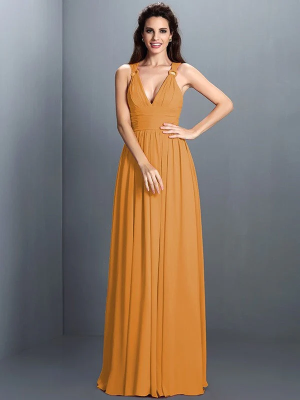 V-Neck Elegant Pleats Sleeveless Long Chiffon Bridesmaid Dresses - Image 19
