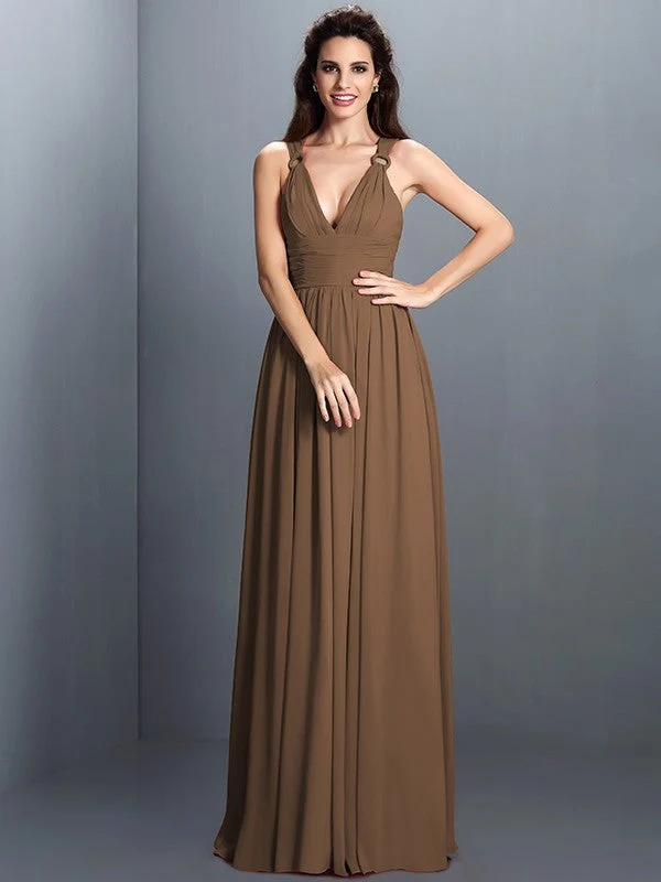 V-Neck Elegant Pleats Sleeveless Long Chiffon Bridesmaid Dresses - Image 2