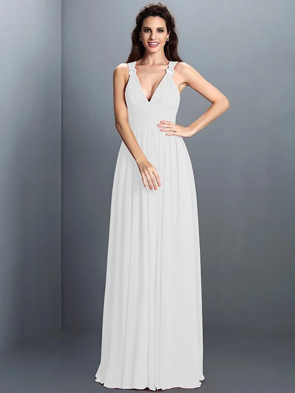 V-Neck Elegant Pleats Sleeveless Long Chiffon Bridesmaid Dresses - Image 20