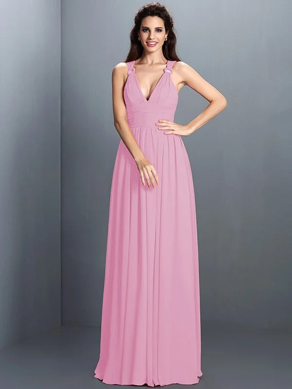 V-Neck Elegant Pleats Sleeveless Long Chiffon Bridesmaid Dresses - Image 22