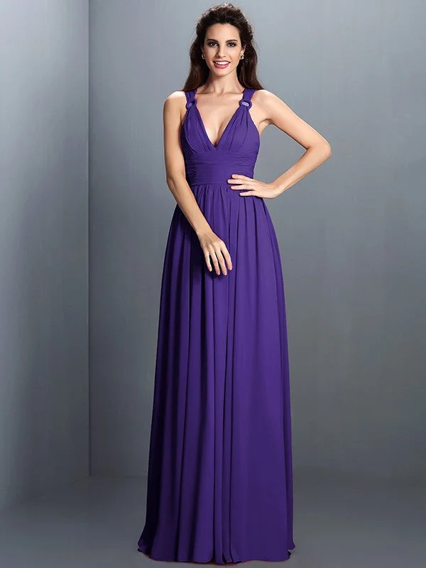 V-Neck Elegant Pleats Sleeveless Long Chiffon Bridesmaid Dresses - Image 23