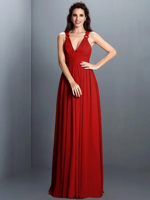 V-Neck Elegant Pleats Sleeveless Long Chiffon Bridesmaid Dresses - Image 24