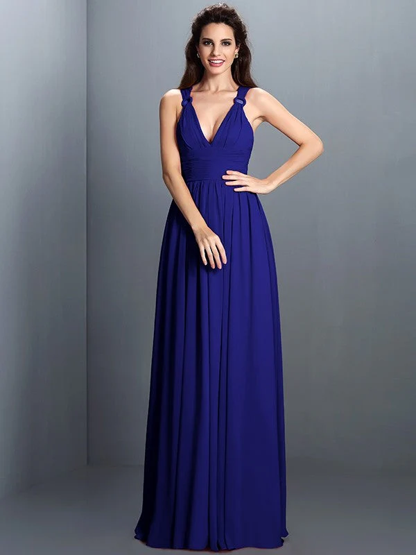 V-Neck Elegant Pleats Sleeveless Long Chiffon Bridesmaid Dresses - Image 25