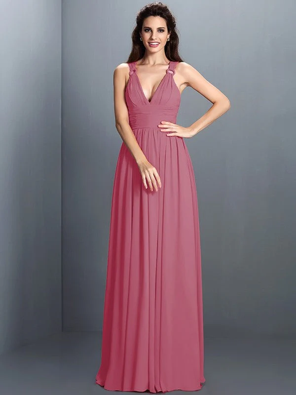V-Neck Elegant Pleats Sleeveless Long Chiffon Bridesmaid Dresses - Image 26