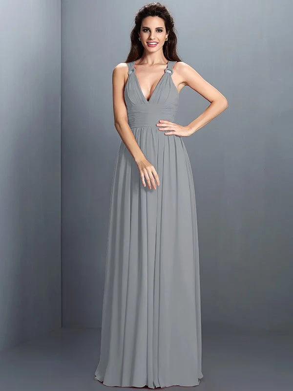 V-Neck Elegant Pleats Sleeveless Long Chiffon Bridesmaid Dresses - Image 27