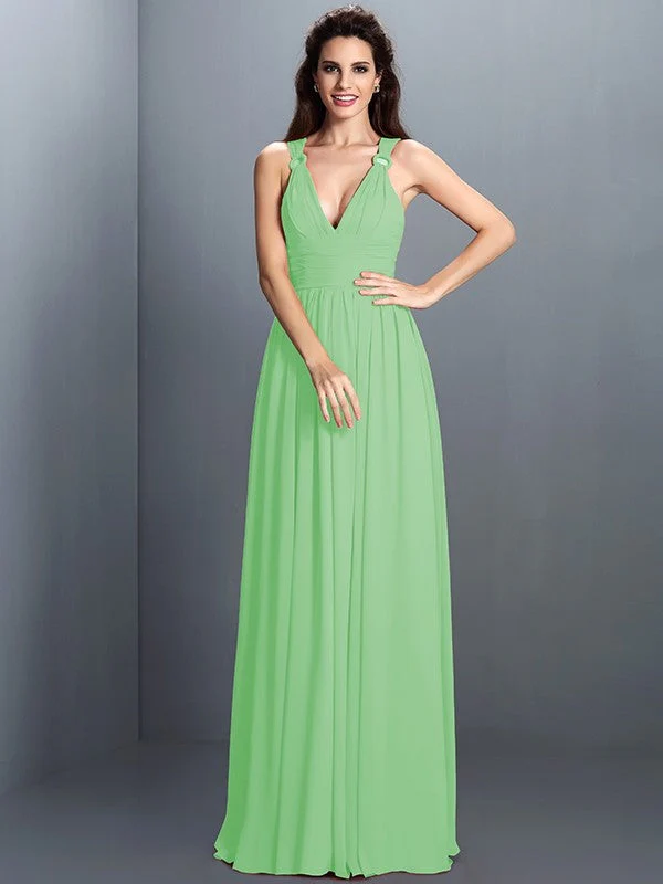V-Neck Elegant Pleats Sleeveless Long Chiffon Bridesmaid Dresses - Image 28