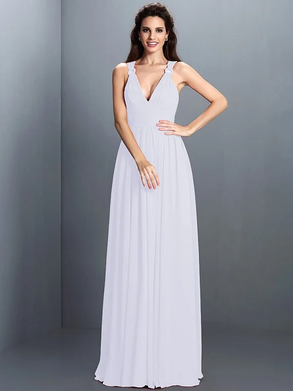 V-Neck Elegant Pleats Sleeveless Long Chiffon Bridesmaid Dresses - Image 29