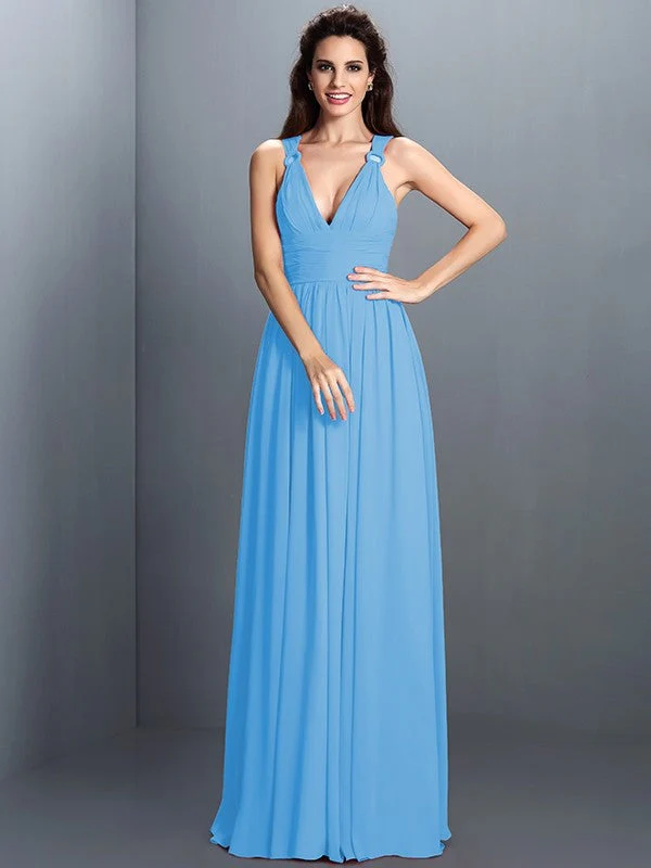 V-Neck Elegant Pleats Sleeveless Long Chiffon Bridesmaid Dresses - Image 3