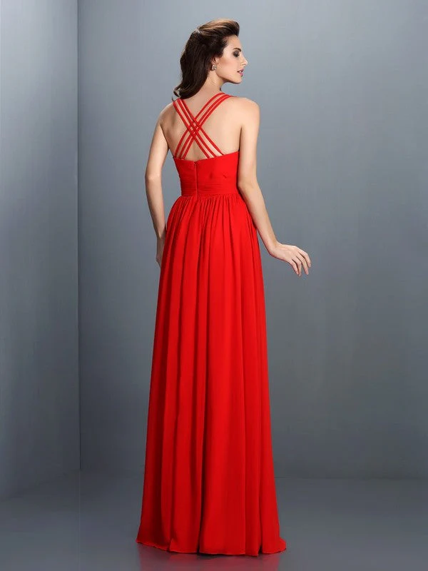 V-Neck Elegant Pleats Sleeveless Long Chiffon Bridesmaid Dresses - Image 30