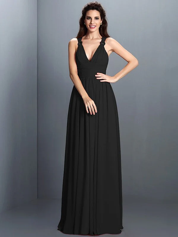 V-Neck Elegant Pleats Sleeveless Long Chiffon Bridesmaid Dresses - Image 4