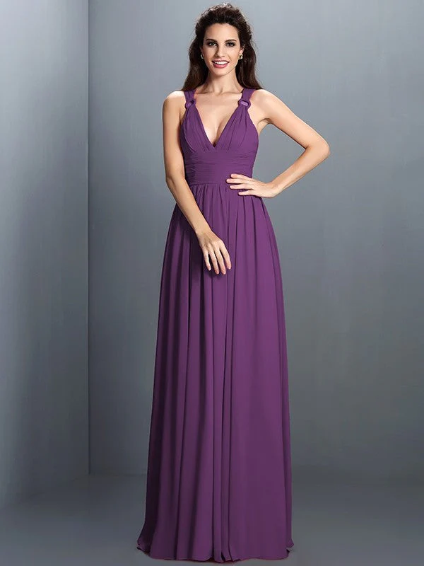 V-Neck Elegant Pleats Sleeveless Long Chiffon Bridesmaid Dresses - Image 5