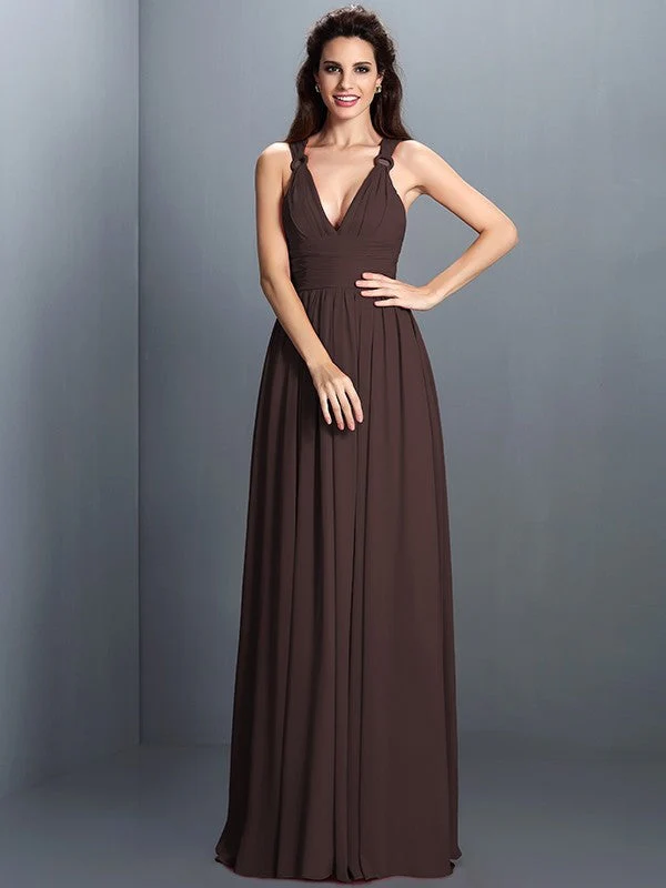V-Neck Elegant Pleats Sleeveless Long Chiffon Bridesmaid Dresses - Image 6