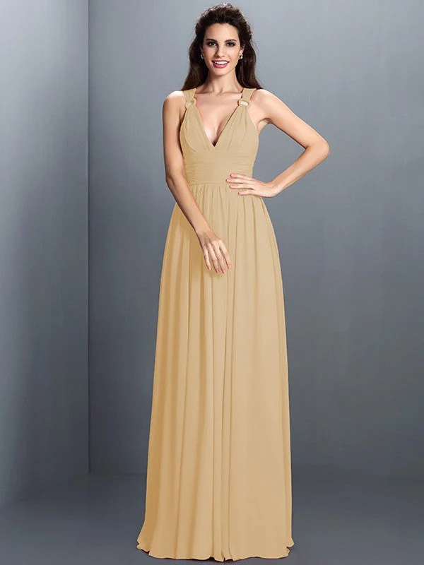V-Neck Elegant Pleats Sleeveless Long Chiffon Bridesmaid Dresses - Image 7