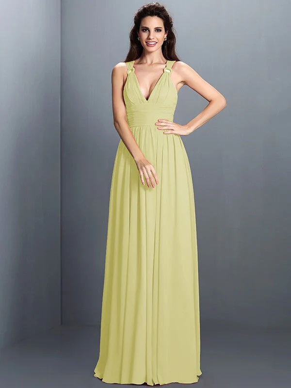 V-Neck Elegant Pleats Sleeveless Long Chiffon Bridesmaid Dresses - Image 8