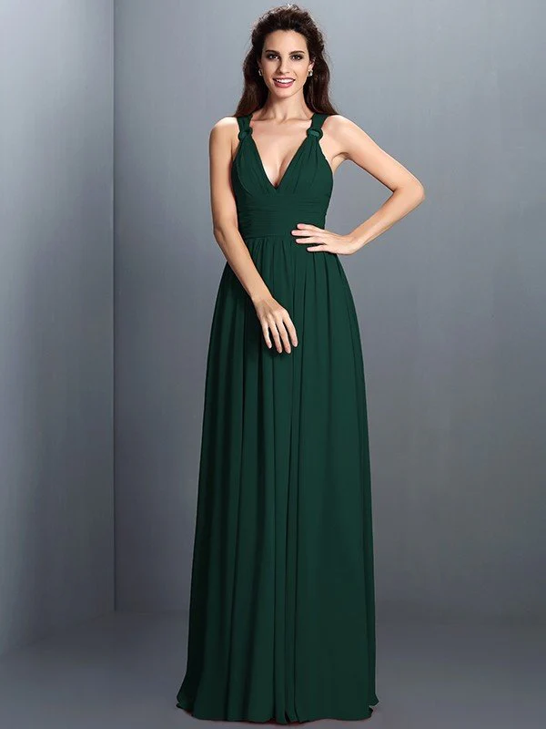 V-Neck Elegant Pleats Sleeveless Long Chiffon Bridesmaid Dresses - Image 9