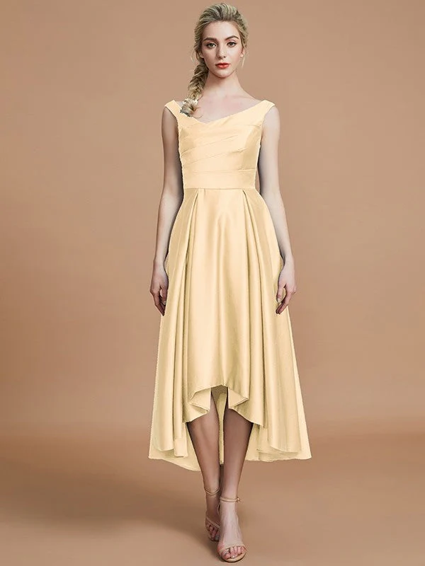 V-Neck Elegant Satin Asymmetrical Sleeveless Bridesmaid Dresses - Image 11