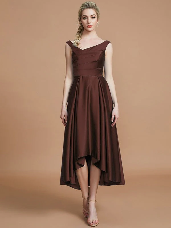 V-Neck Elegant Satin Asymmetrical Sleeveless Bridesmaid Dresses - Image 12