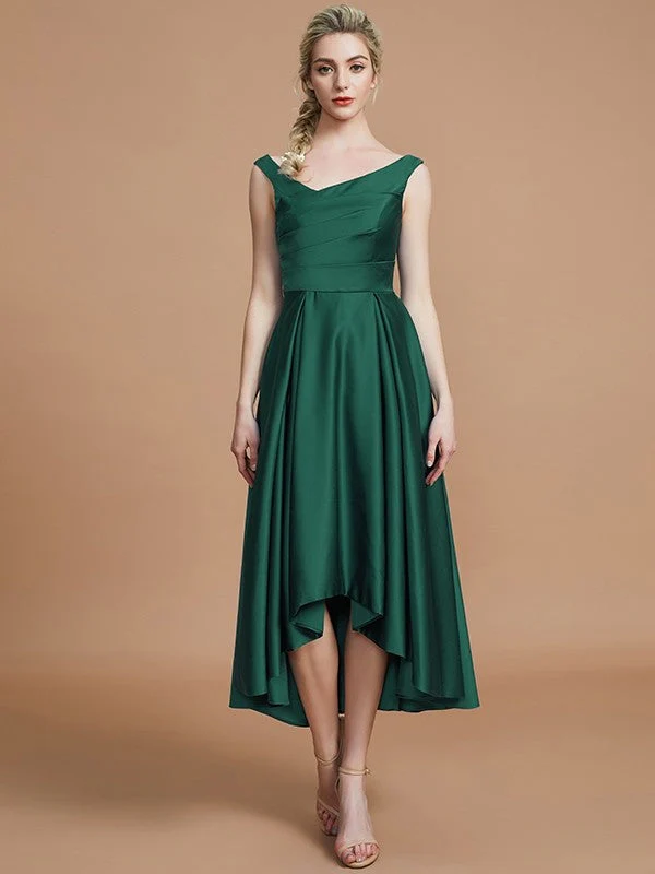 V-Neck Elegant Satin Asymmetrical Sleeveless Bridesmaid Dresses - Image 14