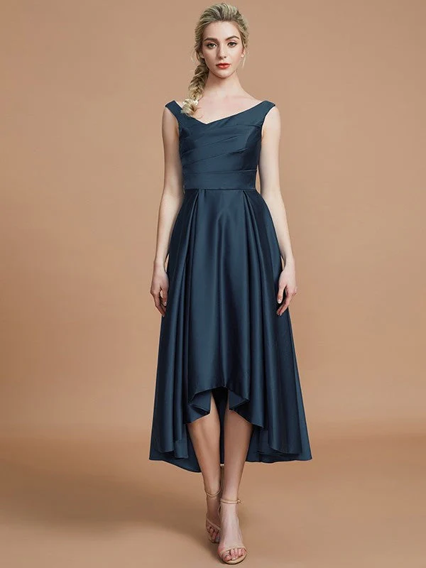 V-Neck Elegant Satin Asymmetrical Sleeveless Bridesmaid Dresses - Image 15