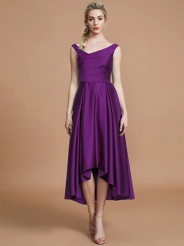 V-Neck Elegant Satin Asymmetrical Sleeveless Bridesmaid Dresses - Image 18