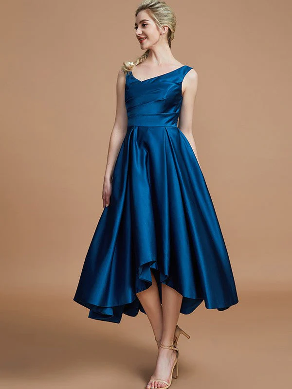 V-Neck Elegant Satin Asymmetrical Sleeveless Bridesmaid Dresses - Image 2