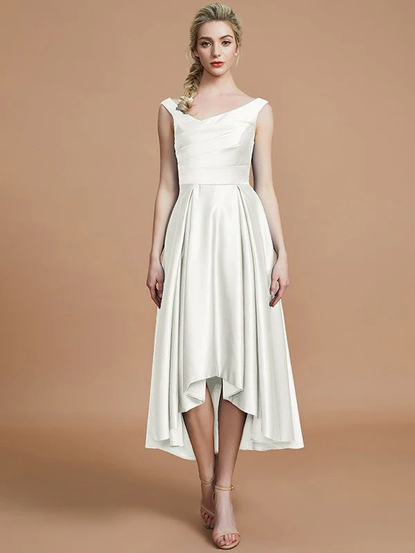 V-Neck Elegant Satin Asymmetrical Sleeveless Bridesmaid Dresses - Image 21