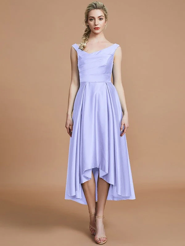 V-Neck Elegant Satin Asymmetrical Sleeveless Bridesmaid Dresses - Image 22