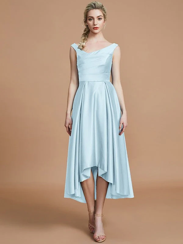 V-Neck Elegant Satin Asymmetrical Sleeveless Bridesmaid Dresses - Image 23