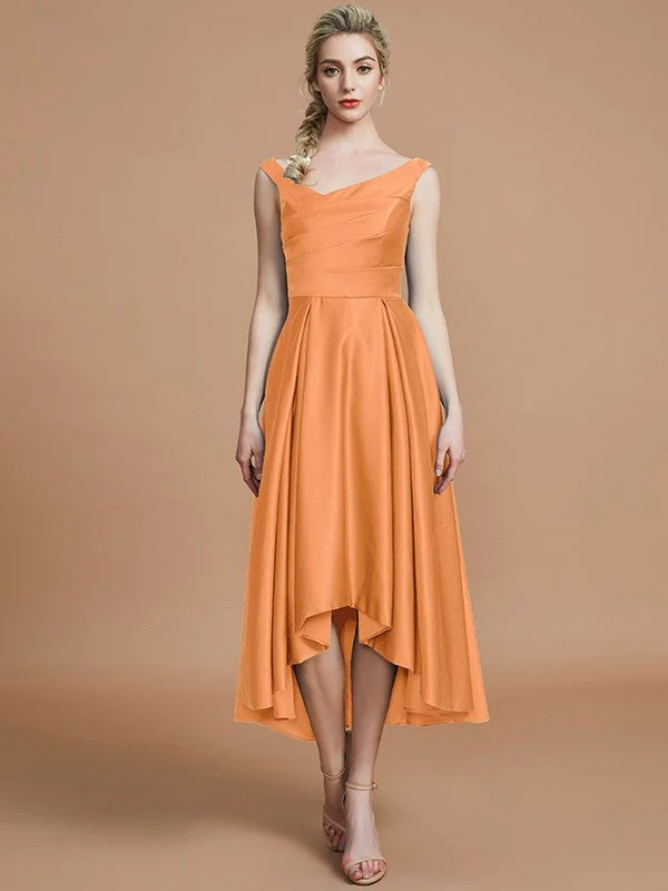 V-Neck Elegant Satin Asymmetrical Sleeveless Bridesmaid Dresses - Image 25