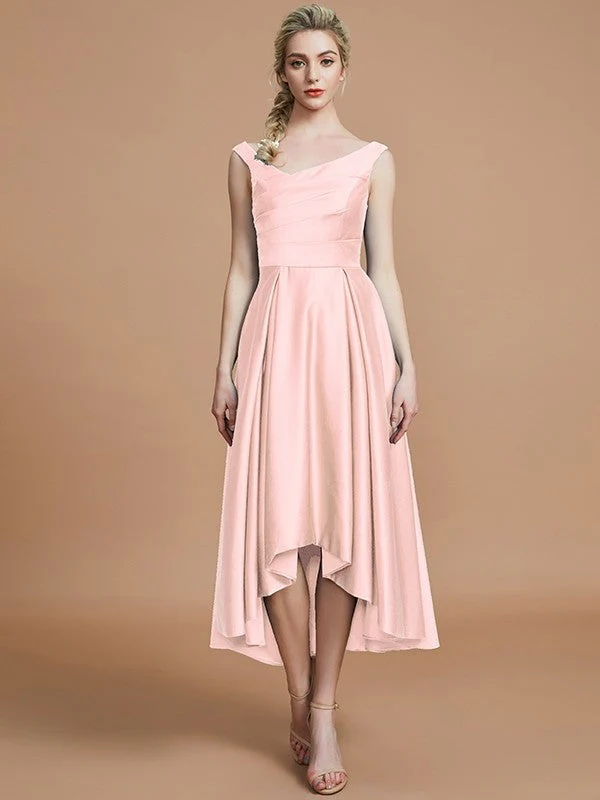 V-Neck Elegant Satin Asymmetrical Sleeveless Bridesmaid Dresses - Image 26