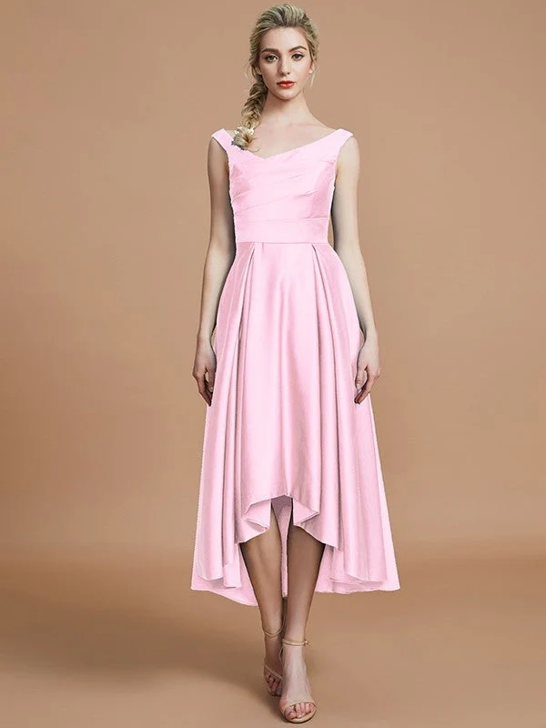 V-Neck Elegant Satin Asymmetrical Sleeveless Bridesmaid Dresses - Image 27