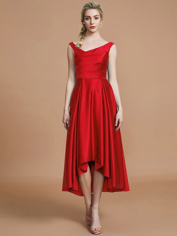 V-Neck Elegant Satin Asymmetrical Sleeveless Bridesmaid Dresses - Image 28