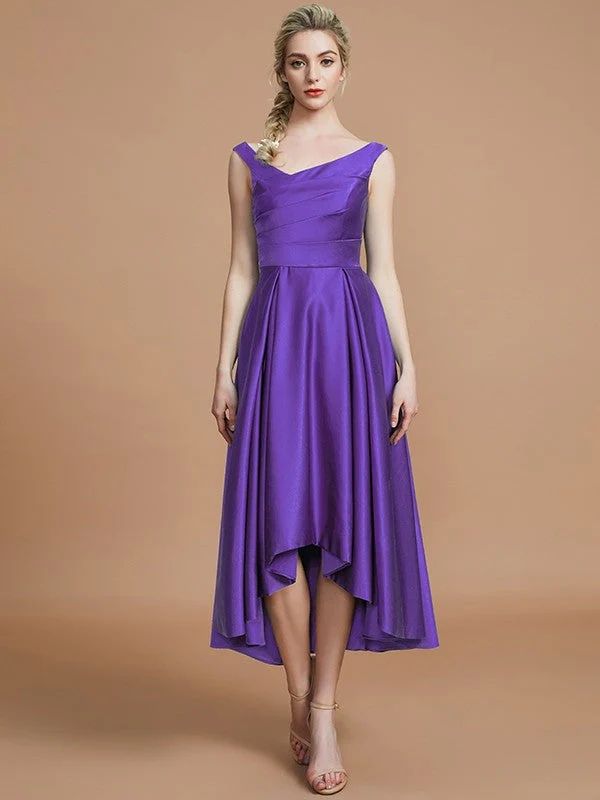 V-Neck Elegant Satin Asymmetrical Sleeveless Bridesmaid Dresses - Image 29