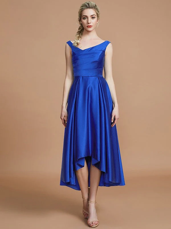 V-Neck Elegant Satin Asymmetrical Sleeveless Bridesmaid Dresses - Image 30