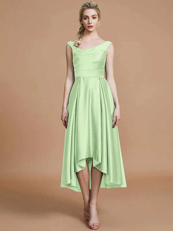 V-Neck Elegant Satin Asymmetrical Sleeveless Bridesmaid Dresses - Image 31