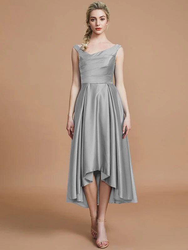 V-Neck Elegant Satin Asymmetrical Sleeveless Bridesmaid Dresses - Image 32
