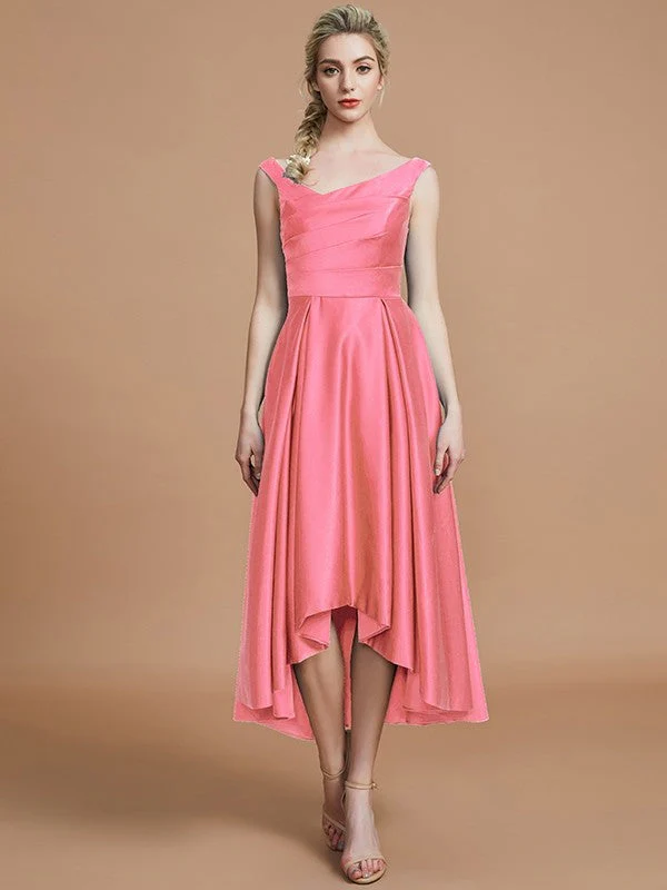 V-Neck Elegant Satin Asymmetrical Sleeveless Bridesmaid Dresses - Image 33