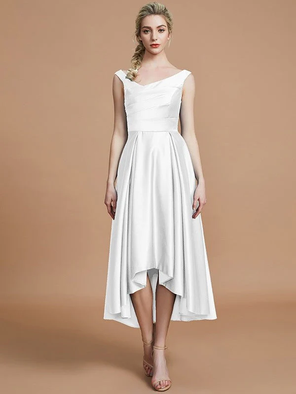 V-Neck Elegant Satin Asymmetrical Sleeveless Bridesmaid Dresses - Image 34